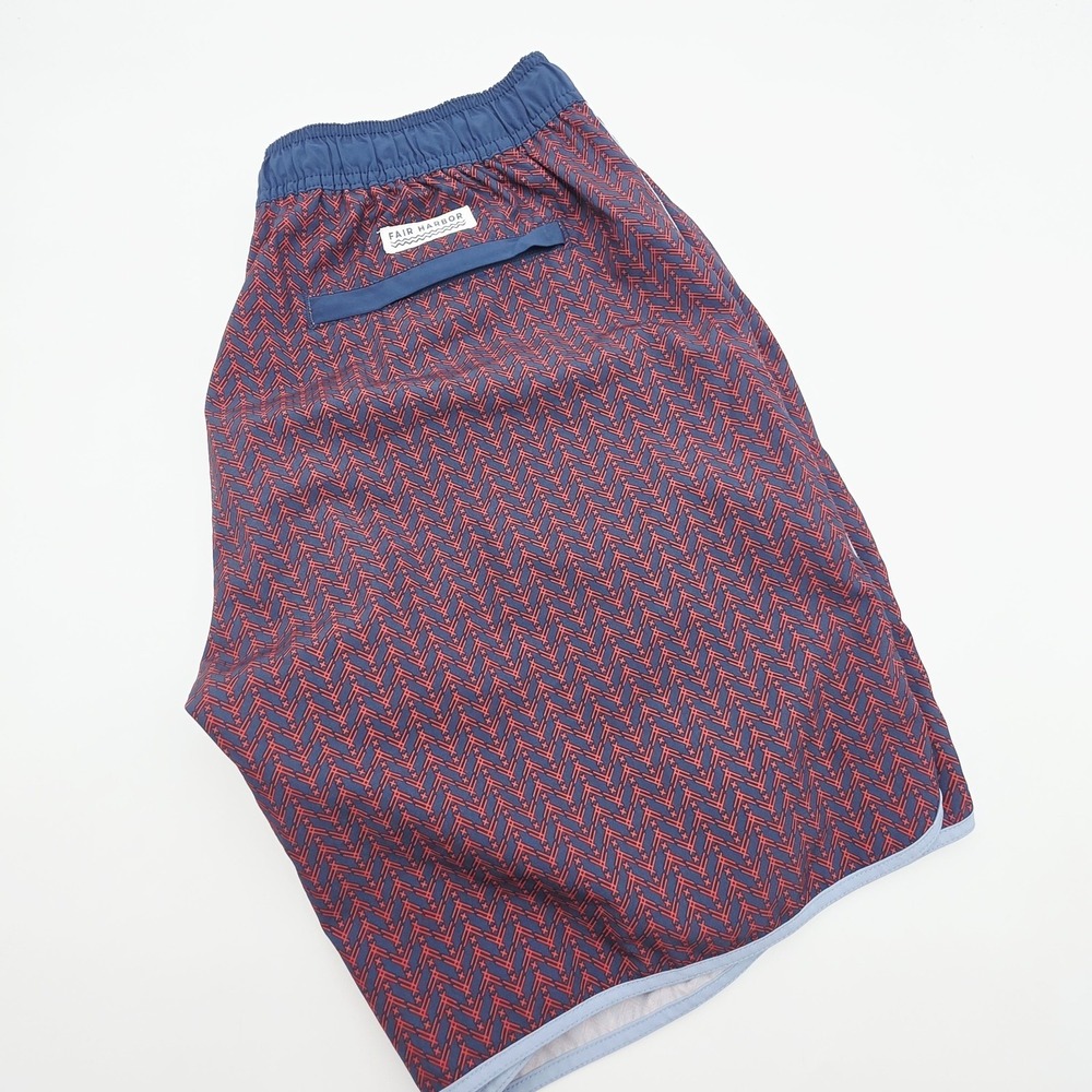 Fair Harbor The One Shorts Mens M Red Geometric Lined Drawstring Swim Trunks